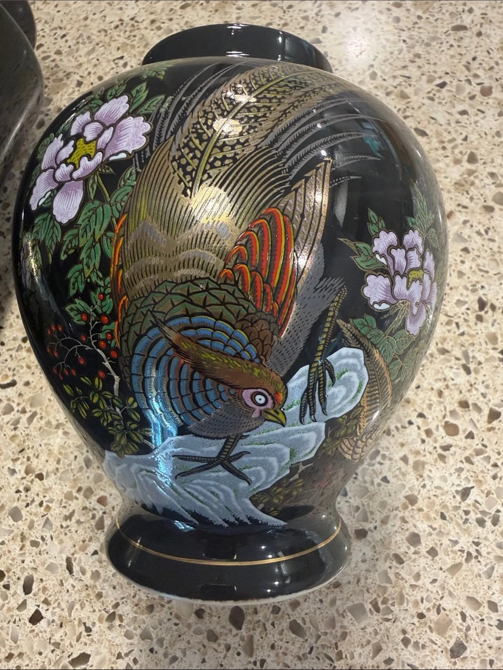 Black Lacquered Vase Set with Gold & Pastel Bird Motif Peacock